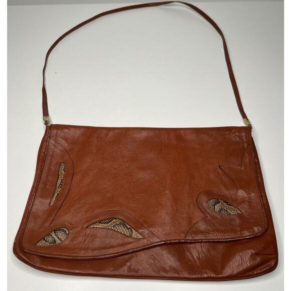 Vintage Snakeskin Inlay Envelope Clutch Cognac Leather Magnet Flap Thin Strap - Picture 1 of 10
